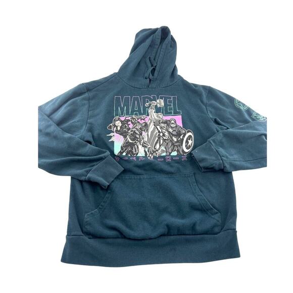 Marvel Sweatshirt Womens Small Blue Teal Hooded Pockets Pullover Avengers - Picture 1 of 9
